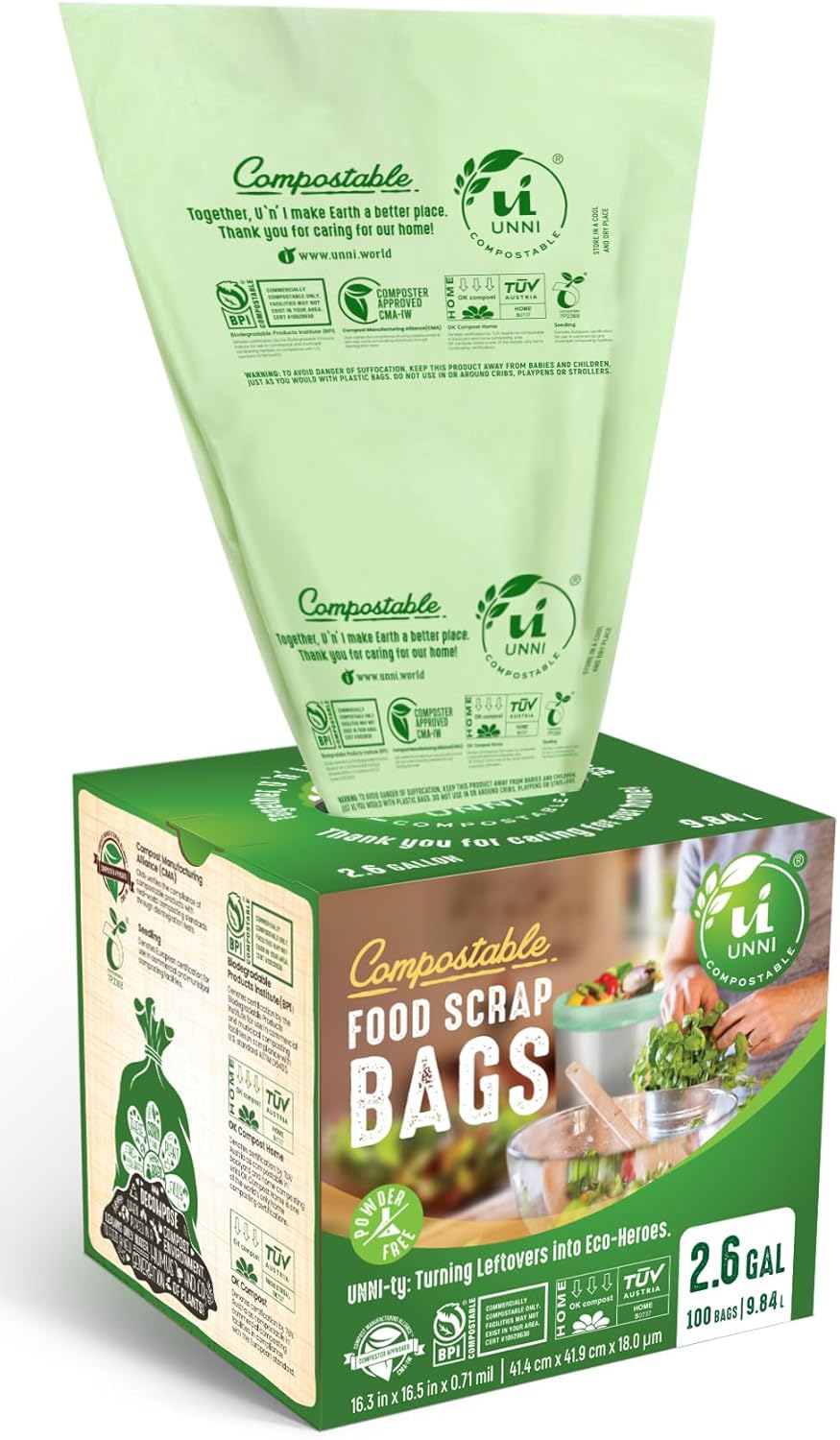 UNNI Compostable Trash Bags, 2.6 Gallon / 9.84 Liter, 100 Count, Extra Thick 0.71 Mil Small Kitchen Food Scrap Bin Liners, Certified by BPI, CMA & OK compost HOME, Meets the ASTM D6400 Standard - Image 2