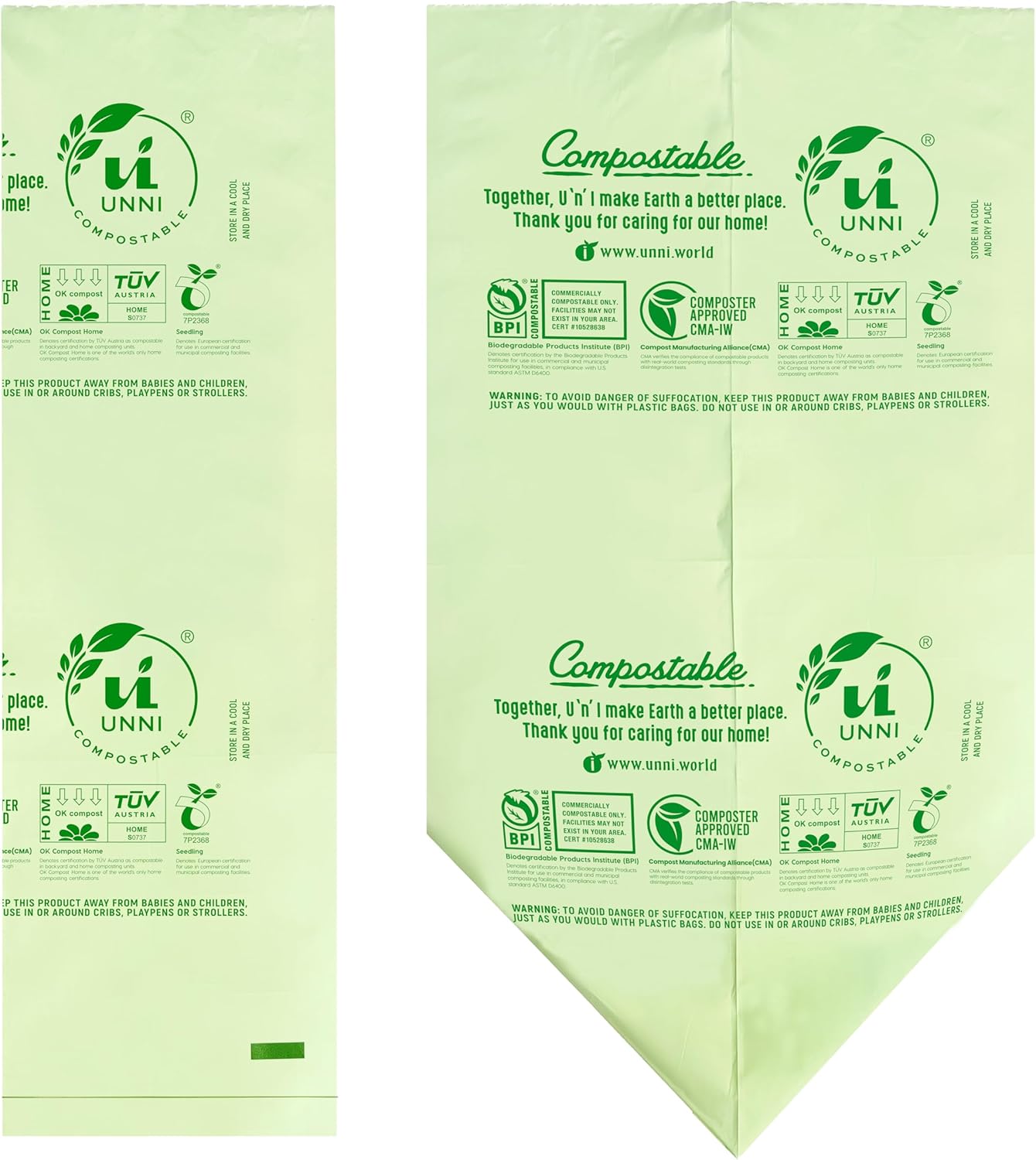 UNNI Compostable Trash Bags, 2.6 Gallon / 9.84 Liter, 100 Count, Extra Thick 0.71 Mil Small Kitchen Food Scrap Bin Liners, Certified by BPI, CMA & OK compost HOME, Meets the ASTM D6400 Standard - Image 4