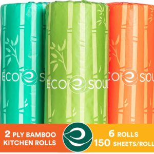 Eco Soul Bamboo Paper Towel Set Of 6 Rolls |150 Sheets Per Roll | Ultra Absorbent, Eco-Friendly, Sustainable, Food Safe Kitchen Paper Towel