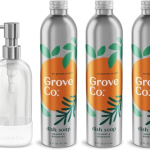 Grove Co. Ultimate Dish Soap Refills (3 x 16 Fl Oz) + Refillable Glass Dish Soap Dispenser for Kitchen Sink with Non-Slip Silicone Sleeve, Plastic Free Cleaning Products, Orange & Rosemary