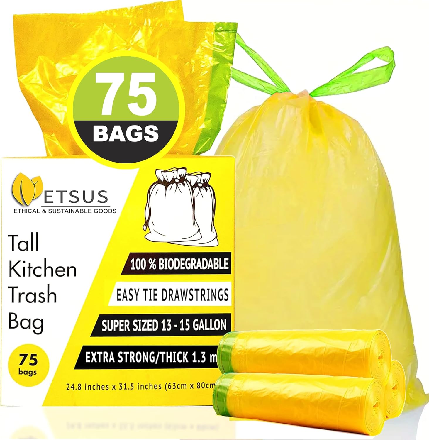 13 Gallon Biodegradable Trash Bags with Drawstrings, 75 Count Plant Based, Code Q Tall Kitchen Compost Bags 50 Liter Bin - Green Garbage Liners - 1.3 mil Thick Heavy Duty and Eco Friendly Trash Bags - Image 2
