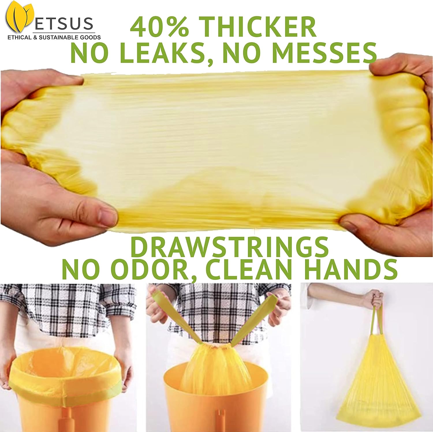 13 Gallon Biodegradable Trash Bags with Drawstrings, 75 Count Plant Based, Code Q Tall Kitchen Compost Bags 50 Liter Bin - Green Garbage Liners - 1.3 mil Thick Heavy Duty and Eco Friendly Trash Bags - Image 4