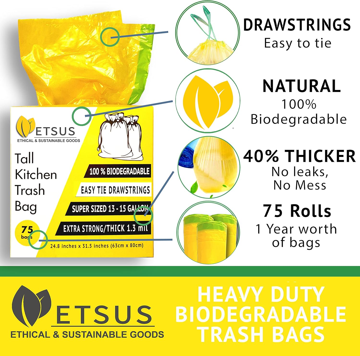 13 Gallon Biodegradable Trash Bags with Drawstrings, 75 Count Plant Based, Code Q Tall Kitchen Compost Bags 50 Liter Bin - Green Garbage Liners - 1.3 mil Thick Heavy Duty and Eco Friendly Trash Bags - Image 7