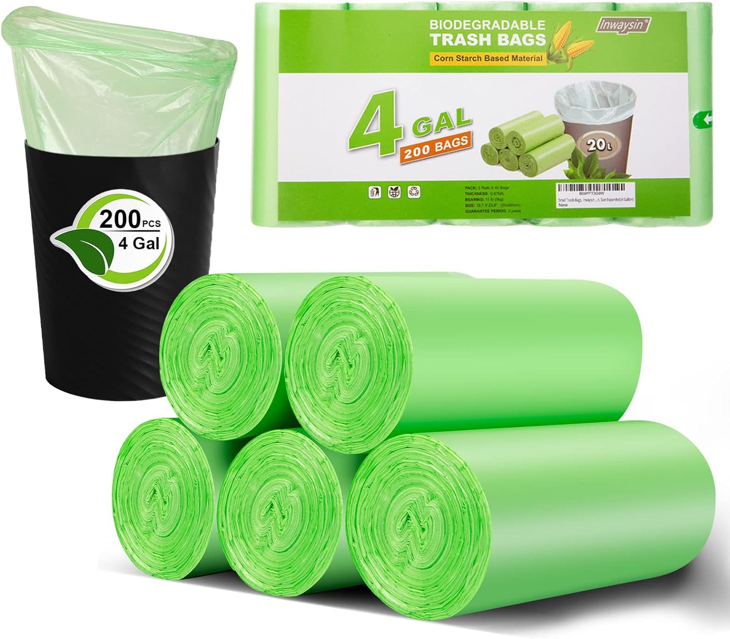 Small Trash Bags 4-6 Gallon, Inwaysin 200 Count Biodegradable Trash Bags 4 Gallon, Extra Strong Small Garbage Bags Unscented, Size Expanded, Green, for Bathroom Bedroom Office Kitchen Trash Can - Image 2