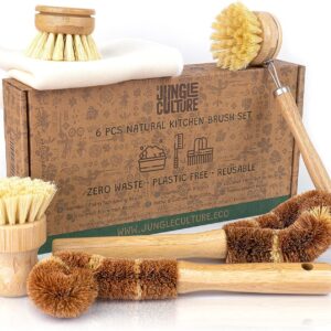 Jungle Culture® 6 Piece Natural Dish Brushes for Washing Up • Eco Dish Brush Kitchen Cleaning Set • Plant Based Coconut Scrubbers • Bottle/Pot Brush & Eco Friendly Scourer Sponge for Pans & Dishes