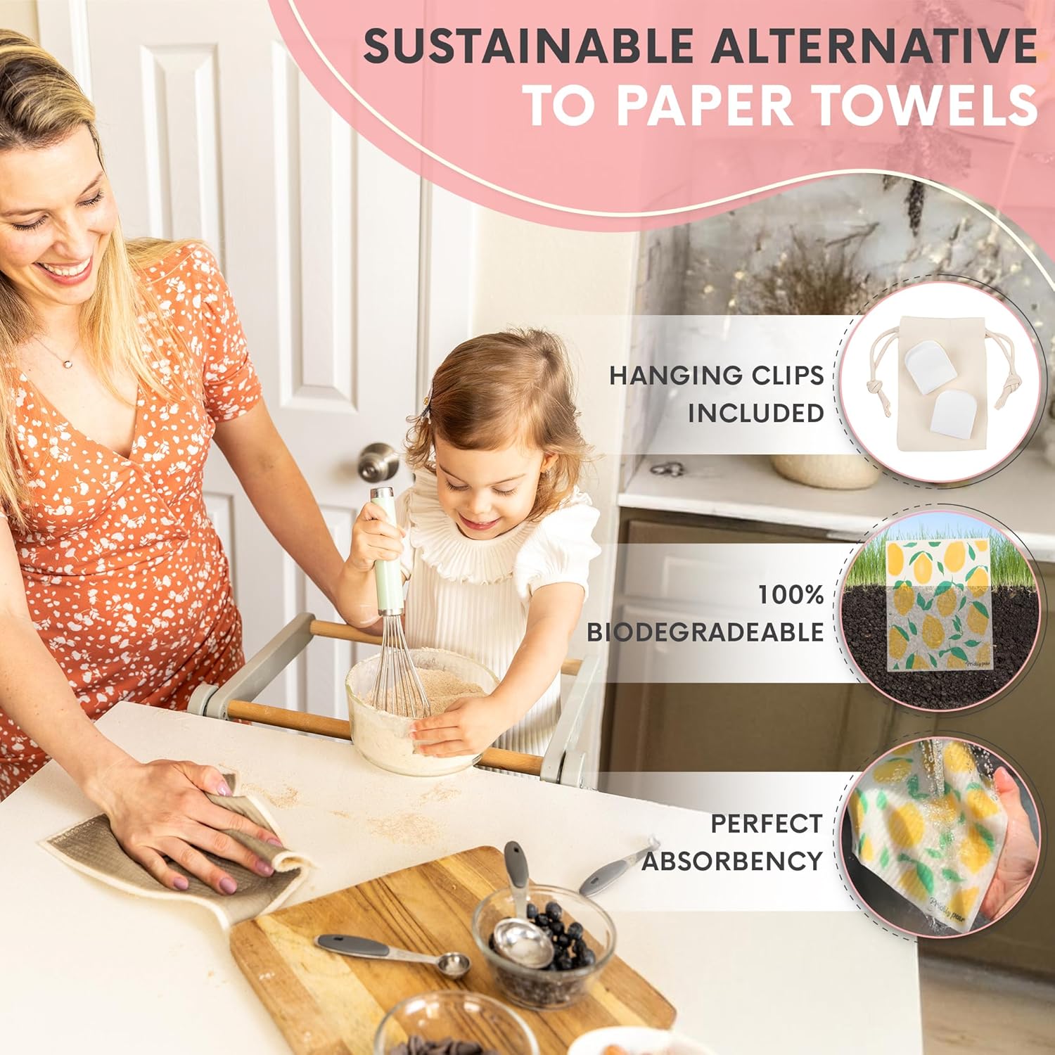 Prickly Pear Reusable Paper Towels Washable - 3 Pack Wash Cloths Kitchen with Hanging Clips | Thick and Super Absorbent Kitchen Cloths for Cleaning Counters | Non-Scratch, Biodegradable, Large - Image 2