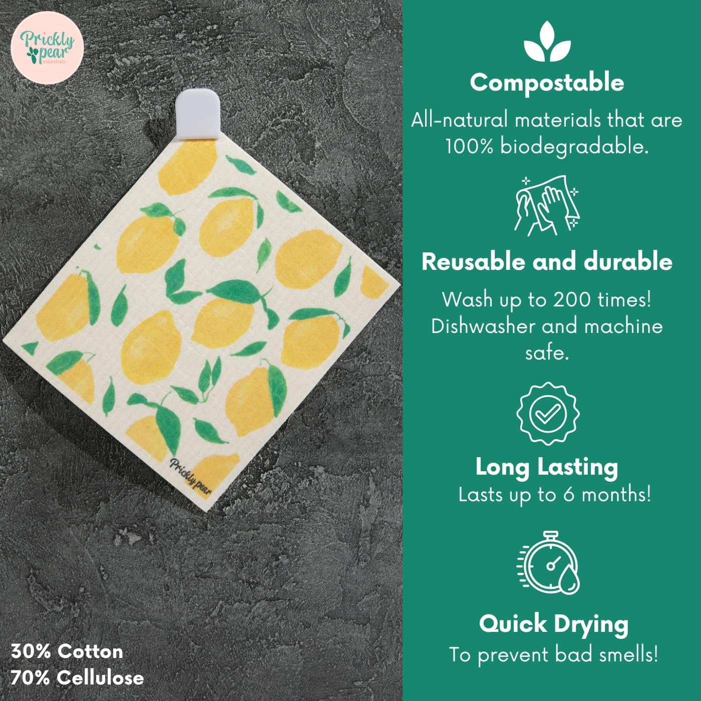 Prickly Pear Reusable Paper Towels Washable - 3 Pack Wash Cloths Kitchen with Hanging Clips | Thick and Super Absorbent Kitchen Cloths for Cleaning Counters | Non-Scratch, Biodegradable, Large - Image 3