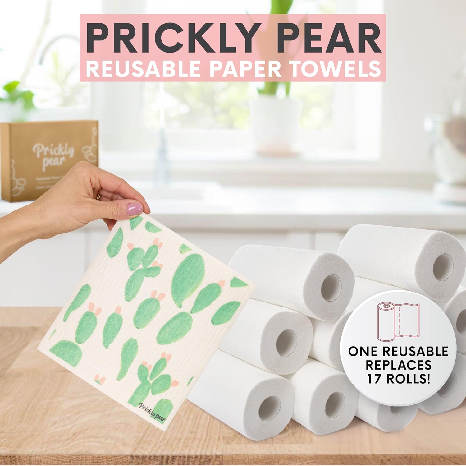 Prickly Pear Reusable Paper Towels Washable - 3 Pack Wash Cloths Kitchen with Hanging Clips | Thick and Super Absorbent Kitchen Cloths for Cleaning Counters | Non-Scratch, Biodegradable, Large - Image 4