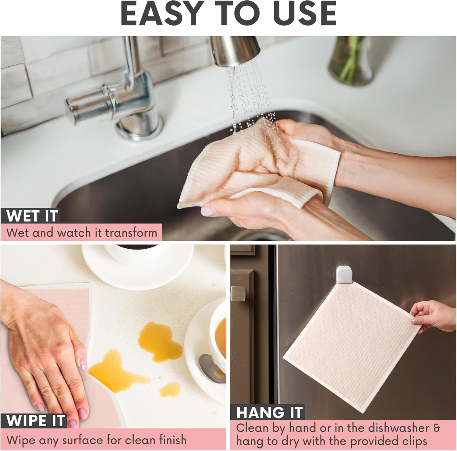 Prickly Pear Reusable Paper Towels Washable - 3 Pack Wash Cloths Kitchen with Hanging Clips | Thick and Super Absorbent Kitchen Cloths for Cleaning Counters | Non-Scratch, Biodegradable, Large - Image 6