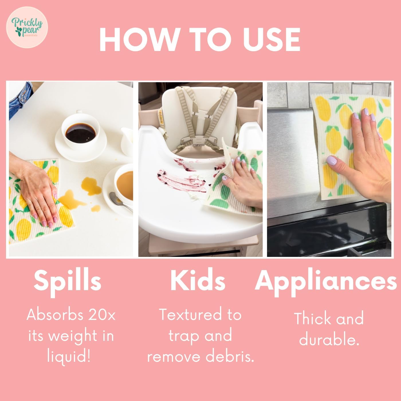 Prickly Pear Reusable Paper Towels Washable - 3 Pack Wash Cloths Kitchen with Hanging Clips | Thick and Super Absorbent Kitchen Cloths for Cleaning Counters | Non-Scratch, Biodegradable, Large - Image 7