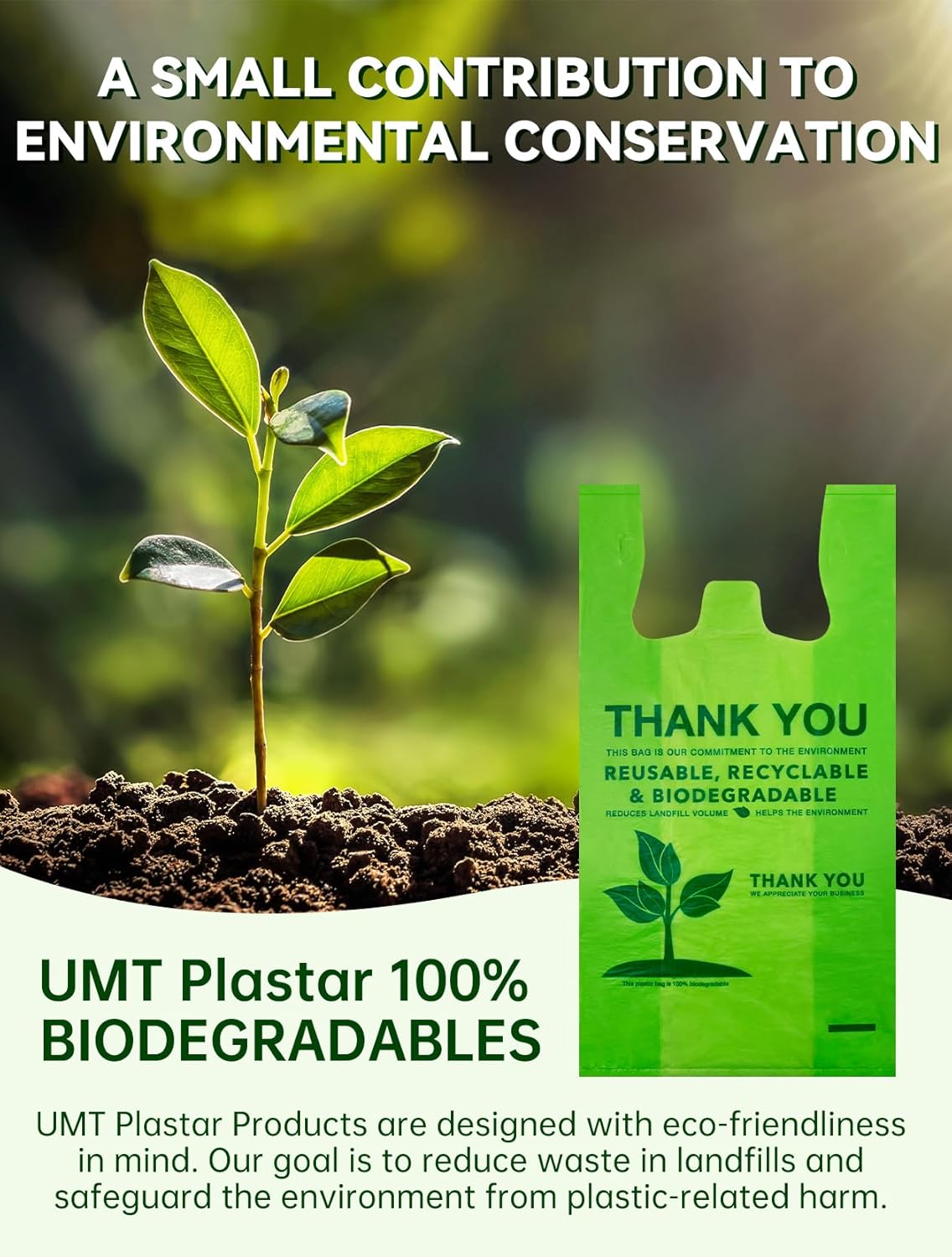 100 Count 100% Biodegradable Thank You Bags – Compostable, Recyclable, Eco-Friendly Grocery T-Shirt, 11.5" x 6.25" x 21", 16 Mic - Image 3
