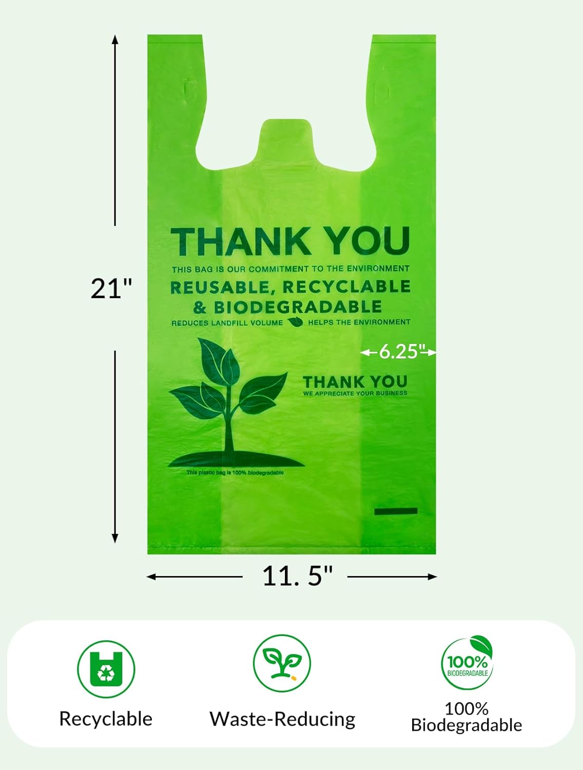 100 Count 100% Biodegradable Thank You Bags – Compostable, Recyclable, Eco-Friendly Grocery T-Shirt, 11.5" x 6.25" x 21", 16 Mic - Image 4