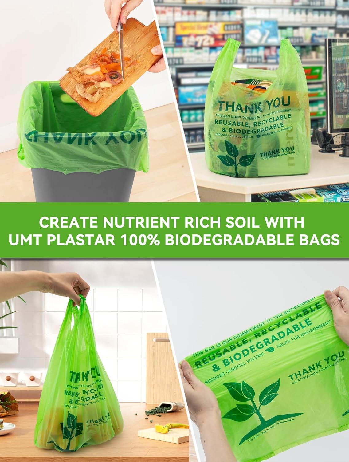 100 Count 100% Biodegradable Thank You Bags – Compostable, Recyclable, Eco-Friendly Grocery T-Shirt, 11.5" x 6.25" x 21", 16 Mic - Image 6