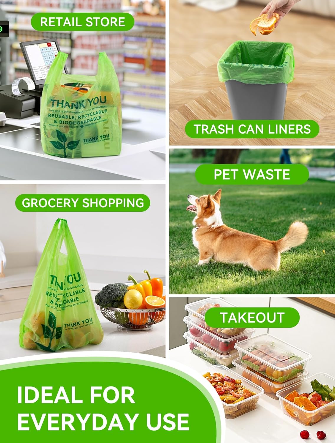 100 Count 100% Biodegradable Thank You Bags – Compostable, Recyclable, Eco-Friendly Grocery T-Shirt, 11.5" x 6.25" x 21", 16 Mic - Image 8