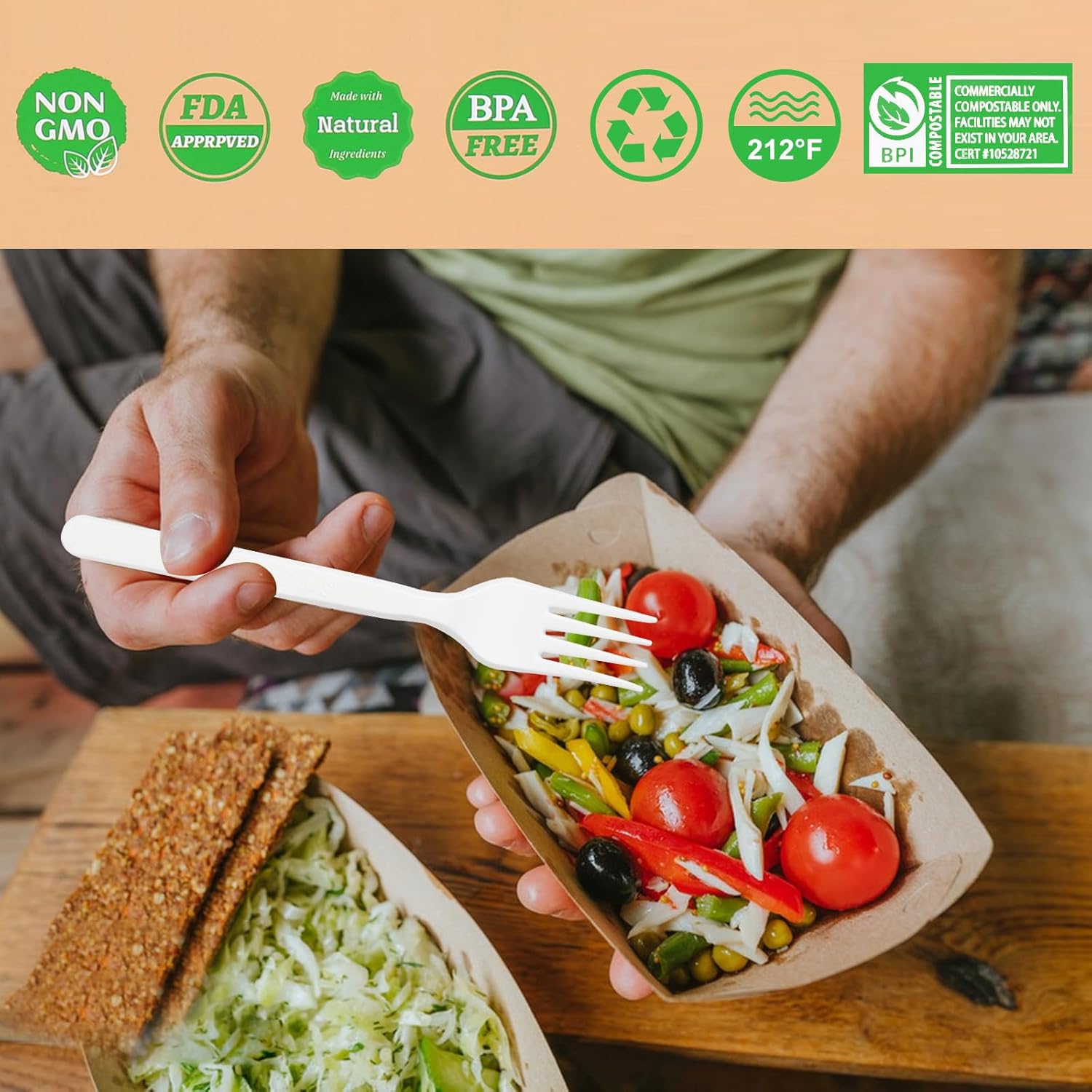 100% Compostable 100pcs Disposable Silverware, Compostable Forks Bulk, Serving Utensils Set for Parties, Heavy Duty Biodegradable Eating Cutlery for Camping, Picnics - Image 7