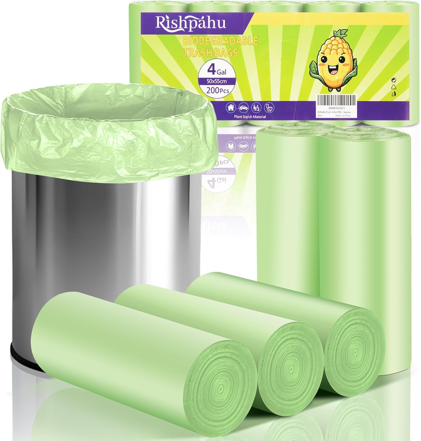 Small Trash Bags 4-6 Gallon - Rishipahu 200 Count Biodegradable Green 4 Gallon Trash Bags,Mini Garbage Bags for Bathroom Office Bedroom, Unscented 15L Small Trash Can Liners - Image 2
