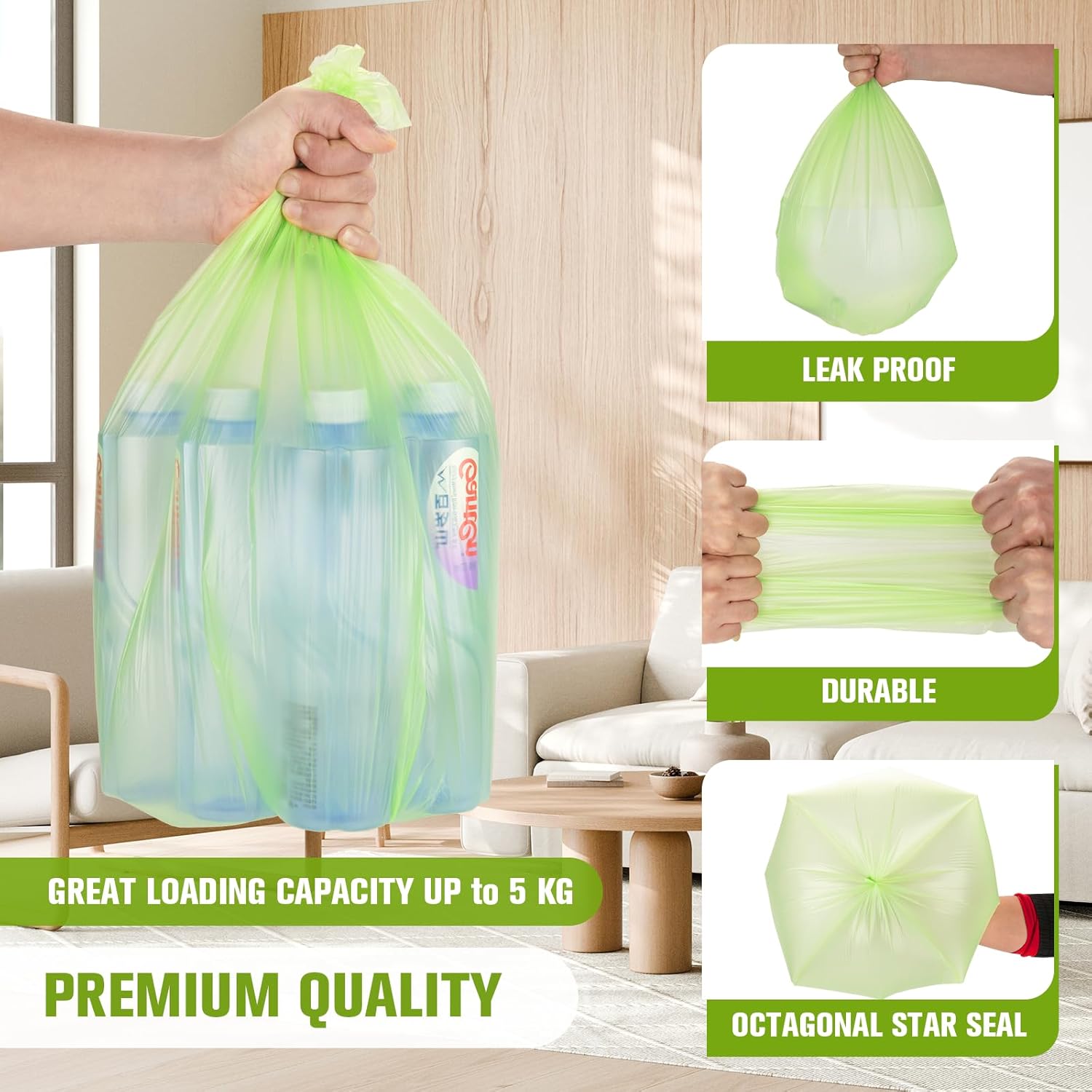 Small Trash Bags 4-6 Gallon - Rishipahu 200 Count Biodegradable Green 4 Gallon Trash Bags,Mini Garbage Bags for Bathroom Office Bedroom, Unscented 15L Small Trash Can Liners - Image 7