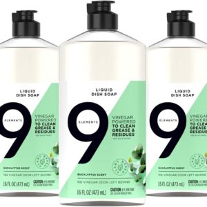 9 Elements Dishwashing Liquid Dish Soap, Eucalyptus Scent Cleaner, 16 oz Bottles (Pack of 3)