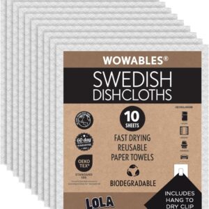 LOLA Swedish Dishcloths 10 Pk Biodegradable Reusable Paper Towels Absorbent Cellulose Kitchen Sponge Cloths Zero Waste Odor Free, Made in Germany