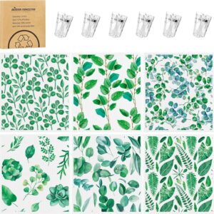6 Pack Swedish Dishcloths for Kitchen, Swedish Rags Absorbent Green Leaf Dish Cloths Dish Towels with Adhesive Clips, Reusable Paper Towels No Odor for Cleaning Home Kitchen