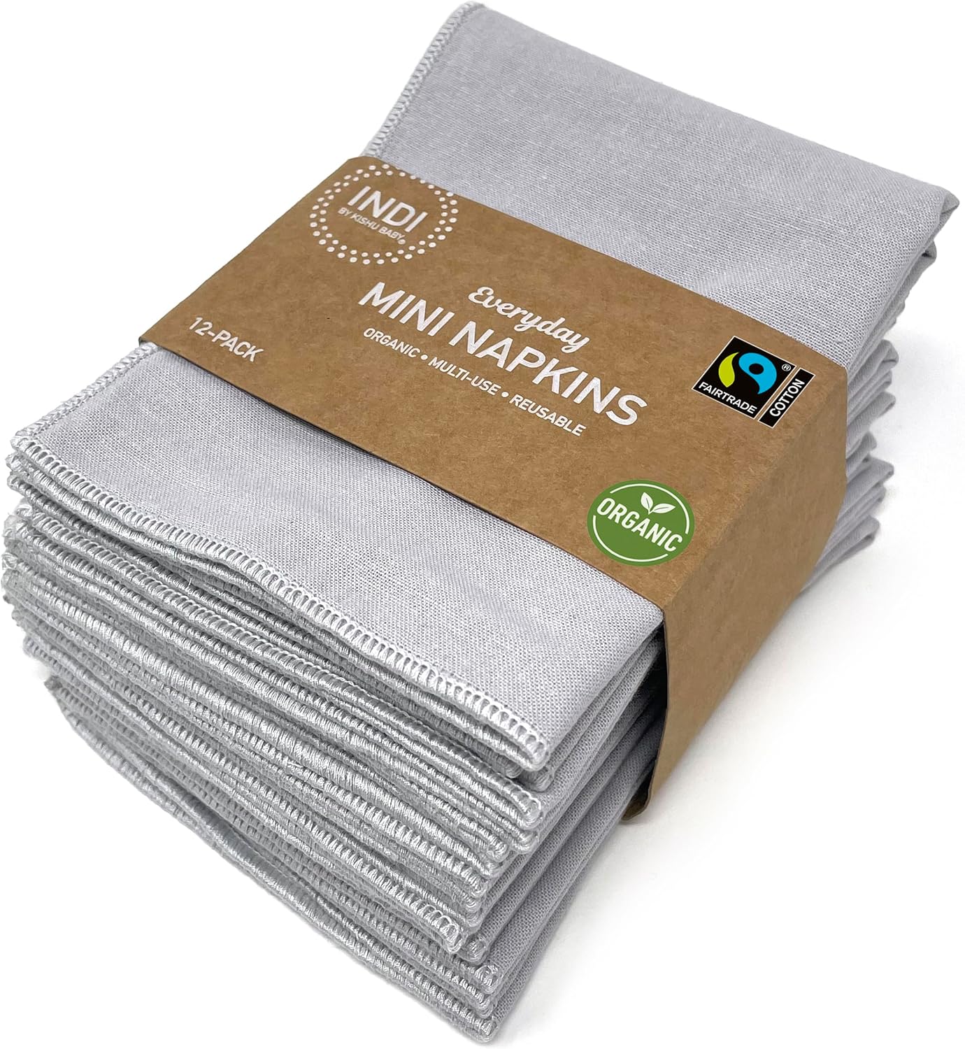 Indi by Kishu Baby - Fairtrade Certified 100% Organic Cotton Muslin Washable Mini Cloth Napkin Sets - Set of 12 Soft Reusable Napkins for All Occasions (Cool Gray) - Image 2