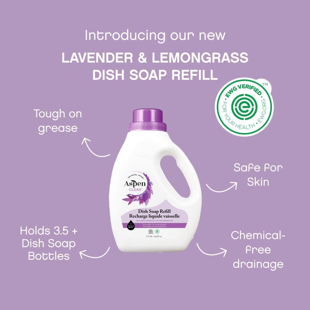 AspenClean Natural Dish Soap Refill Lavender and Lemongrass - 100% Natural, Organic, Baby-Safe, Pet-Friendly, Vegan, Cruelty-Free, Biodegradable - EWG VERIFIED & EcoCert Certified (2 Pack) - Image 2