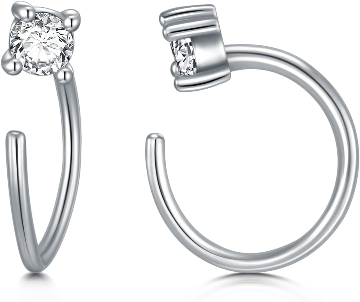 CHIC & ARTSY Threader Hoop Earring 925 Sterling Silver CZ Pull Through Hoop Earrings Small Open hoop Earrings Backless Earrings for Women - Image 2