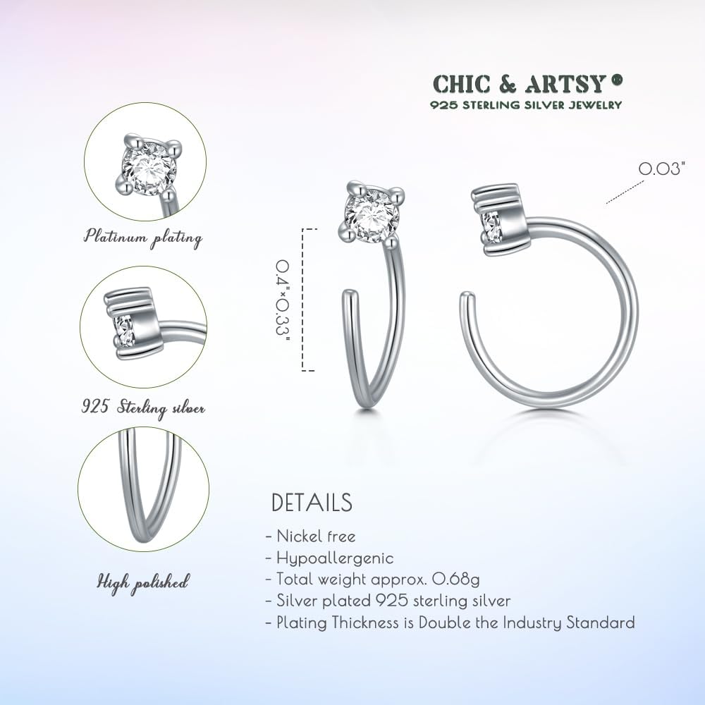 CHIC & ARTSY Threader Hoop Earring 925 Sterling Silver CZ Pull Through Hoop Earrings Small Open hoop Earrings Backless Earrings for Women - Image 6