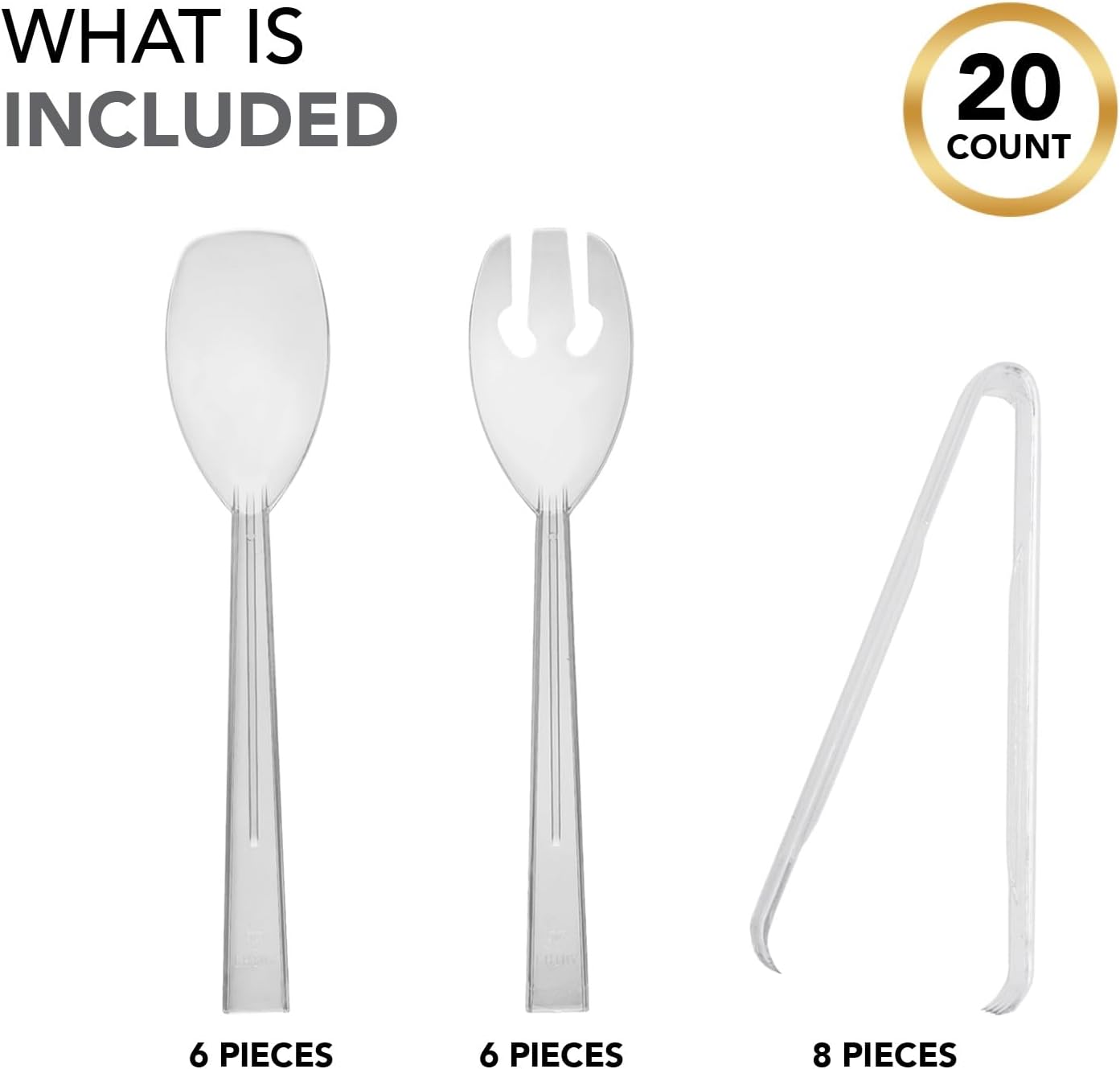 Party Essentials Plastic Party Buffet Serving Utensils Kit, Spoons/Forks/Tongs, 20-Piece, Clear - Image 4