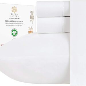 Sleep Mantra Premium 100% Organic Cotton Queen Bed Sheet Set – Soft & Cooling Percale Weave – 4 Piece Bedding Set with Deep Pocket – GOTS Certified – Breathable & Eco-Friendly (Queen, White)