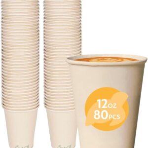 100% Compostable Disposable Coffee Cups [12oz 80 Pack] Paper Cups Made from Bamboo, Eco-Friendly, Biodegradable Premium Party Cups, Natural Unbleached by Earth’s Natural Alternative