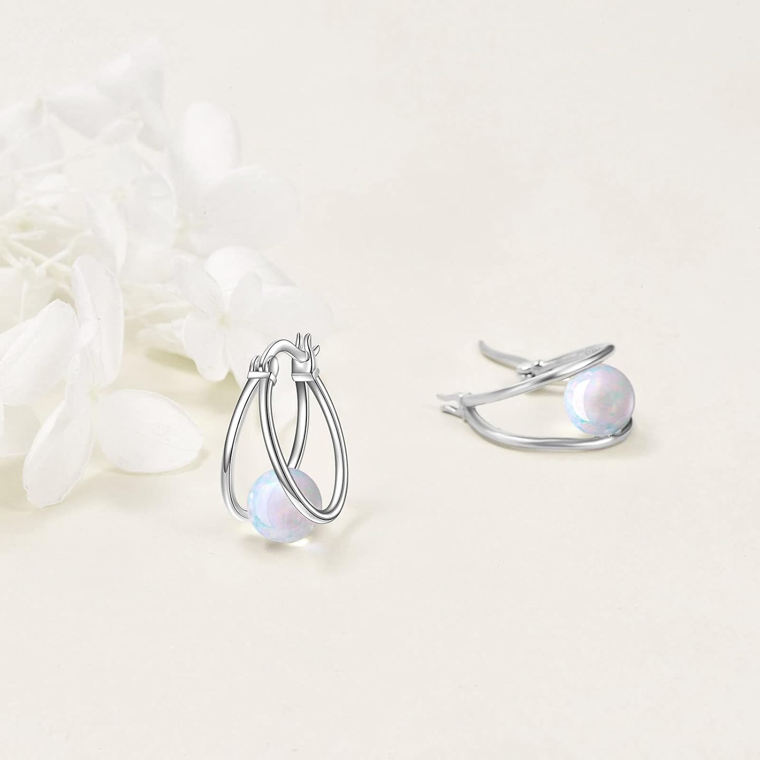 Gemstone Double Hoop Earrings for Women Sterling Silver Pearl Moonstone Turquoise Black Onyx Jade Opal Lapis Lazuli Earrings for Women - Image 5