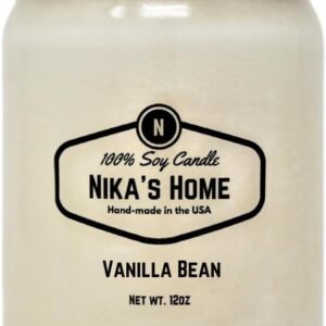Nika’s Home Vanilla Bean Soy Candle – 12oz Mason Jar – Non-Toxic – Hand Poured in The USA, Long Burning 50-60 Hours Highly Scented All Natural, Clean Burning