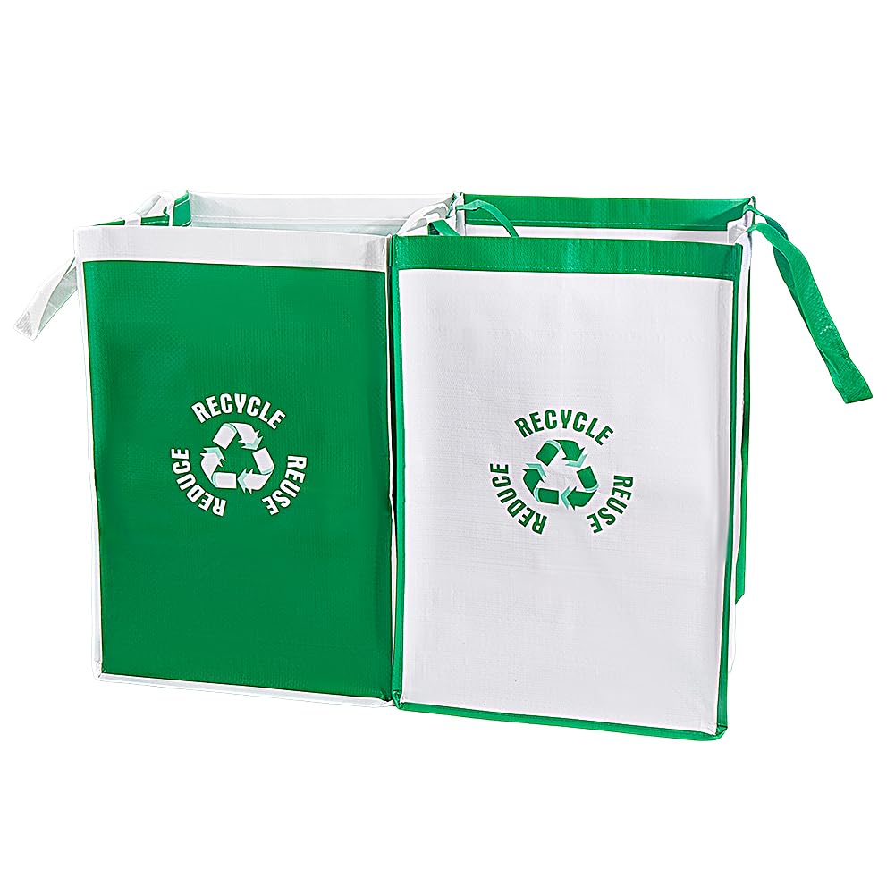 CREATCABIN 2Pcs Recycle Waste Bags Trash Recycling Bins Combo Polypropylene Waterproof Reusable Home Indoor Trash Sorting Organizer Baskets Compartment Container for Kitchen Green White 11.8x11.8x17in - Image 2