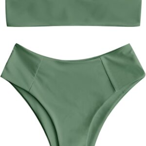 ZAFUL Women’s High Cut Bandeau Bikini Set Strapless Solid Color 2 Pieces Bathing Suit Swimsuit