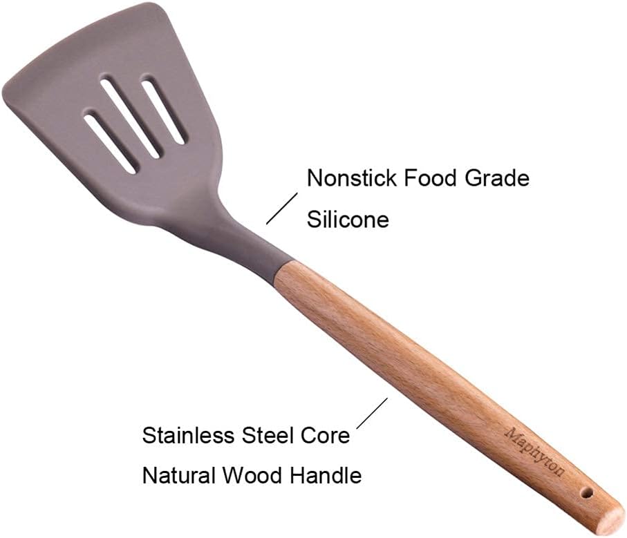 Mapthon Silicone Cooking Kitchen Utensils Set 6 PCS with Wooden Handle for Non-Sticker Cookware Heat-Resistant Kitchen Gadgets Serving Spoons, Slotted Turner, Spatula, Spaghetti Server(Grey) - Image 5