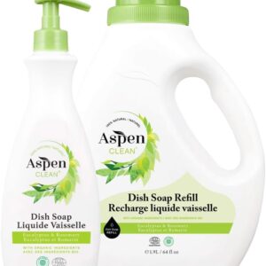 AspenClean Natural Dish Soap and Refill Eucalyptus and Rosemary – 100% Natural, Organic, Baby-Safe, Pet-Friendly, Vegan, Cruelty-Free, Biodegradable – EWG VERIFIED & EcoCert Certified