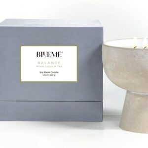 BLUEME Balance-White Lotus & Tea, 3 Wick, Refillable Wellness Candle, Contains Essential Oil, Sustainable, Hand Finished, Hand Poured, Premium, Luxury Ceramic, Natural Cotton Wick, Soy-Wax Blend