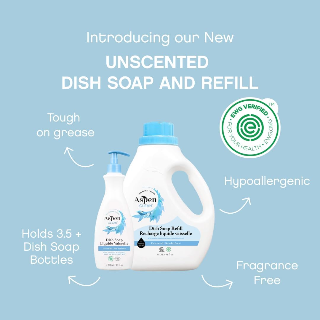 Natural Dish Soap and Refill Unscented - 100% Natural, Organic, Baby-Safe, Pet-Friendly, Vegan, Cruelty-Free, Biodegradable - EWG VERIFIED & EcoCert Certified - Image 3