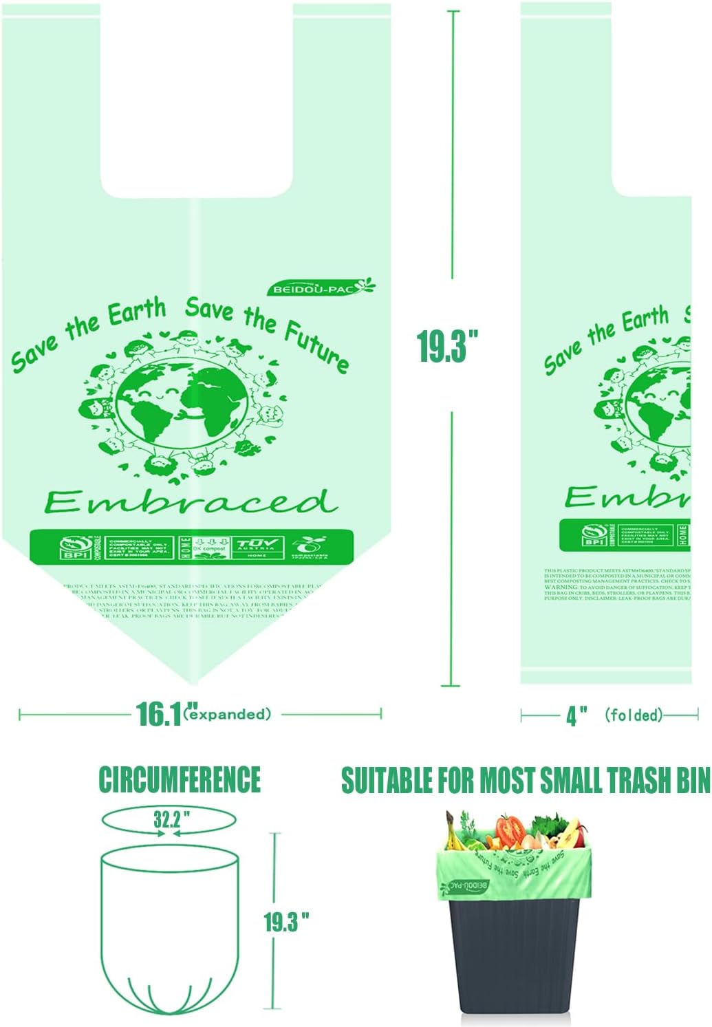 1.6 Gallon Compostable Trash Bags with Handle, 125 Count Small Compost Bags, Biodegradable Kitchen Garbage Bags, Food Scrap Waste Bags for Countertop Bin, ASTM D6400, US BPI Certified - Image 3