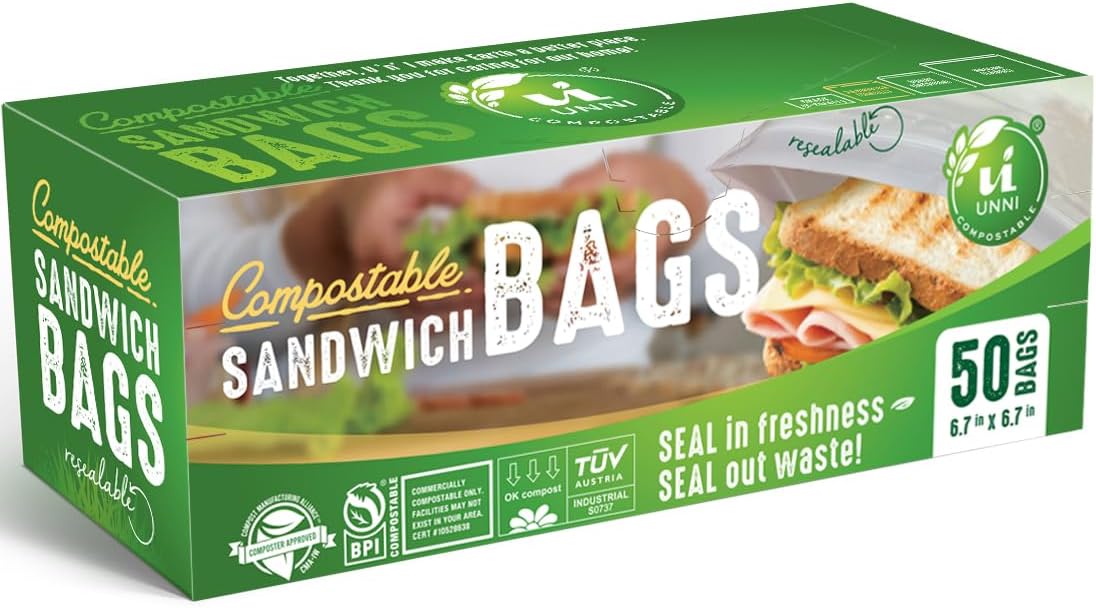 UNNI Compostable Sandwich Bags, Resealable Compostable Food Storage Bags, 50 Count, 6.5 x 6.7 inches, Earth Friendly Highest ASTM D6400, US BPI, CMA & Europe OK Compost Certified, San Francisco - Image 2