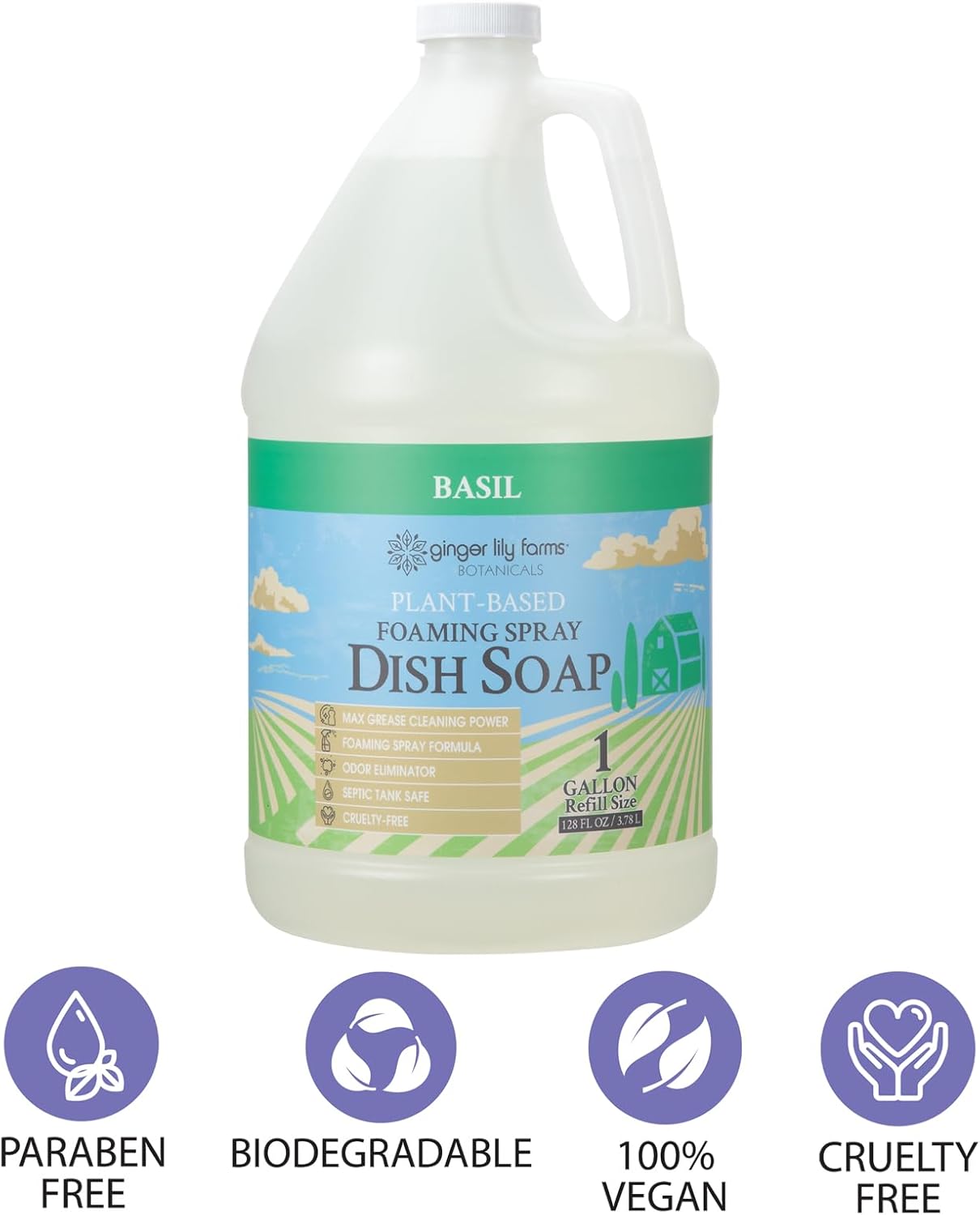 Ginger Lily Farms Botanicals Plant-Based Foaming Spray Dish Soap, Concentrated Formula with Max Grease Cleaning Power, Cruelty-Free, Basil Scent, 1 Gallon Refill (128 Fl Oz) - Image 5
