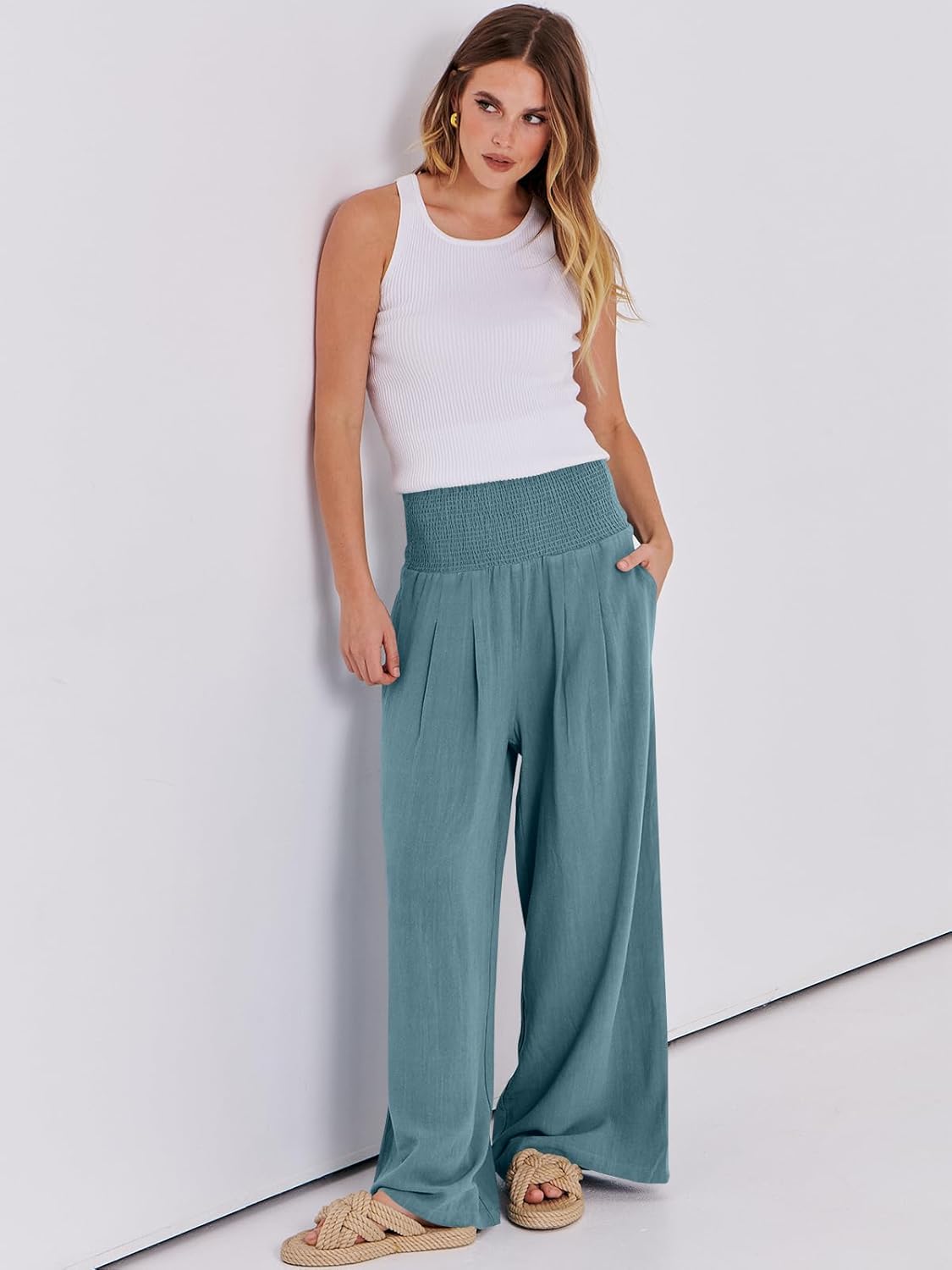 ANRABESS Women Linen Palazzo Pants Summer Boho Wide Leg High Waist Casual Lounge Pant 2025 Beach Travel Vacation Outfits - Image 7