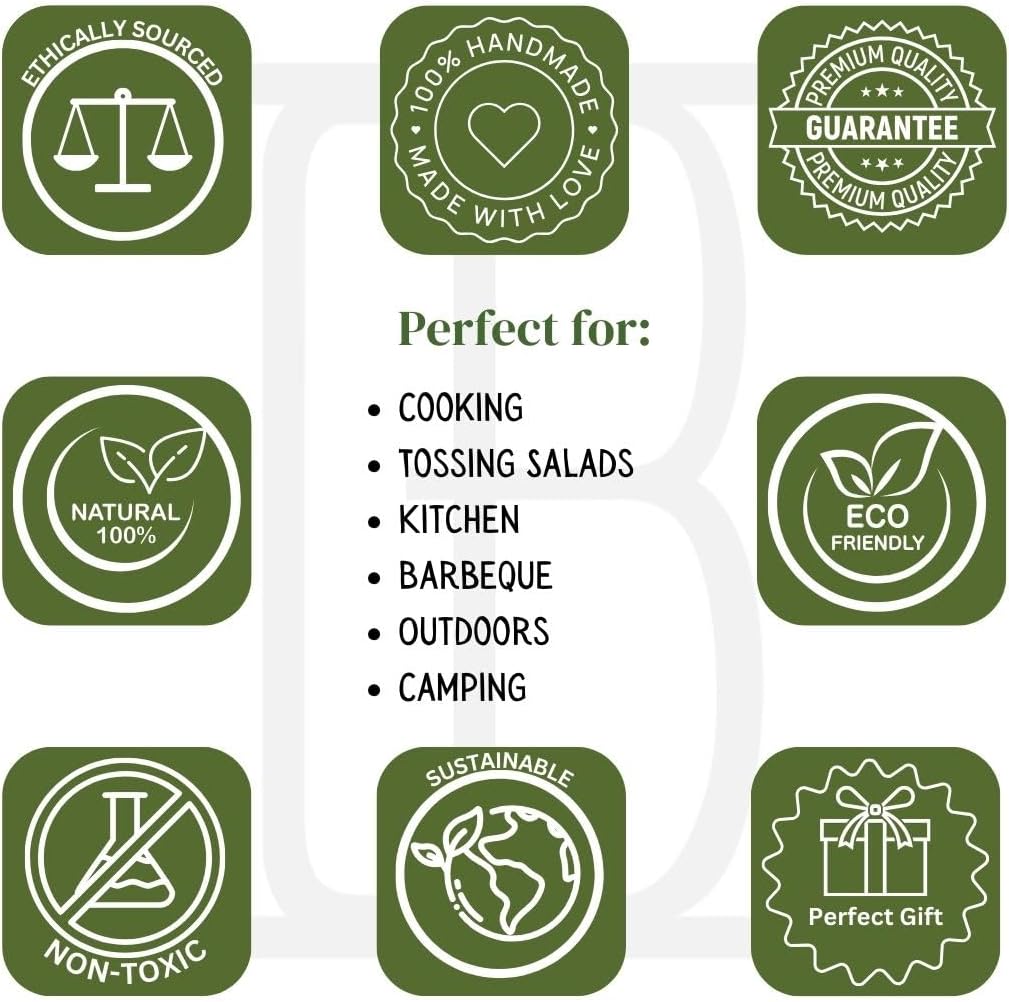 8 Inch Acacia Wood Salad Server Set Wooden Mixing Tongs Dinner Fork & Spoon Serving Utensils For Tossing Salad Handmade Cookware Salad Cooking Utensils & Accessories For Kitchen, Natural Brown - Image 8