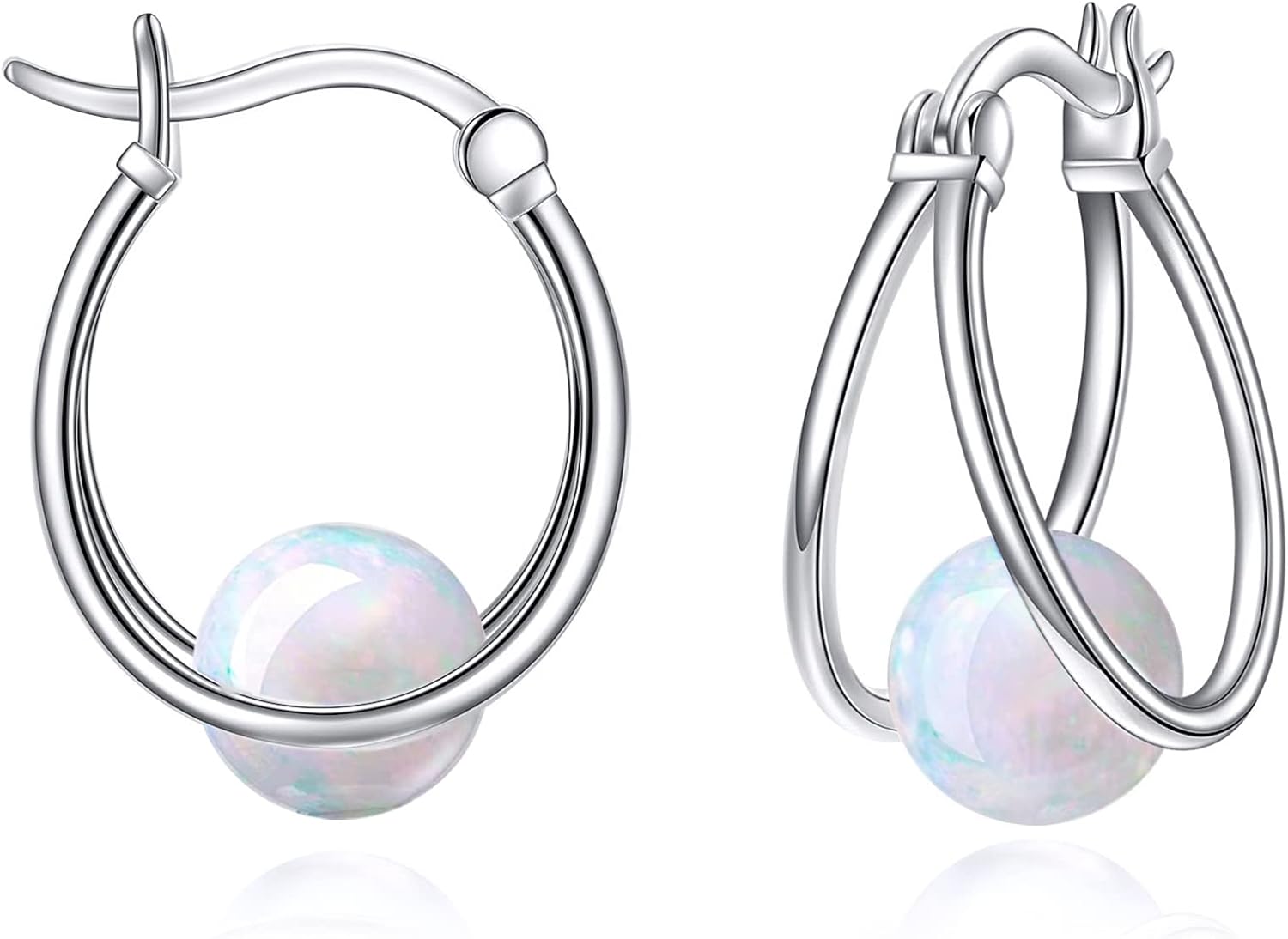 Gemstone Double Hoop Earrings for Women Sterling Silver Pearl Moonstone Turquoise Black Onyx Jade Opal Lapis Lazuli Earrings for Women - Image 2