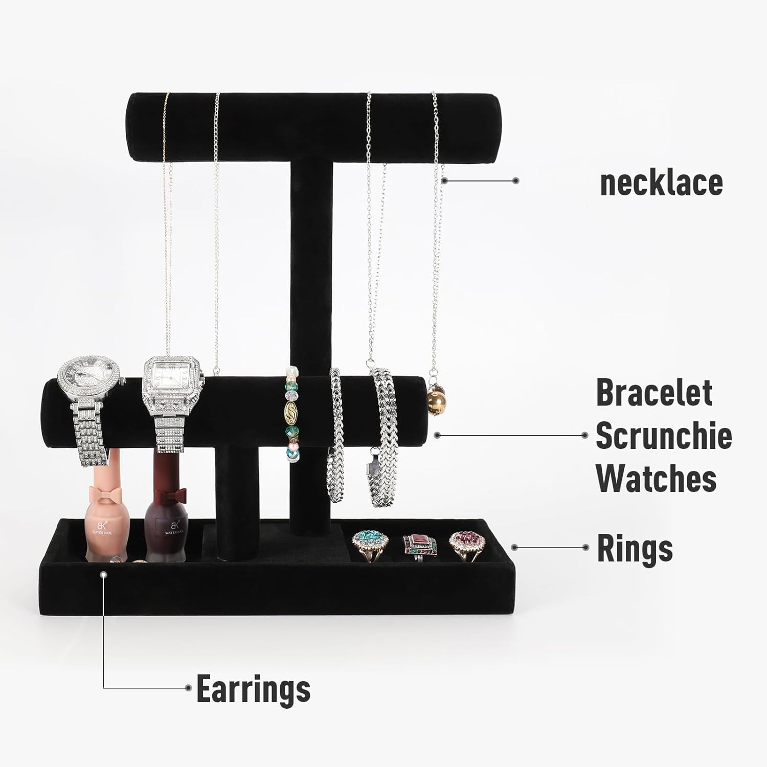 ByKen Necklace Holder,Bracelet Holder,Jewelry Organizer Stand with Earrings Rings Tray,Jewelry Holder for Scrunchie Watches (Black Velvet) - Image 4