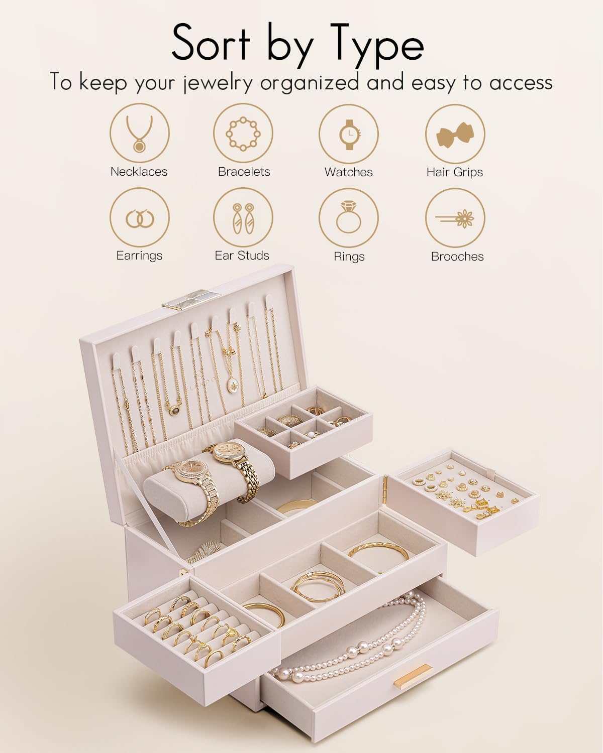 Vlando 3 Layer Jewelry Box - Women Jewelry Box with Retractable Tray - Jewelry Organizers with Drawer for Necklaces, Rings, Bracelets, Earrings, Gift for Couples Mom Girls - Pink - Image 4