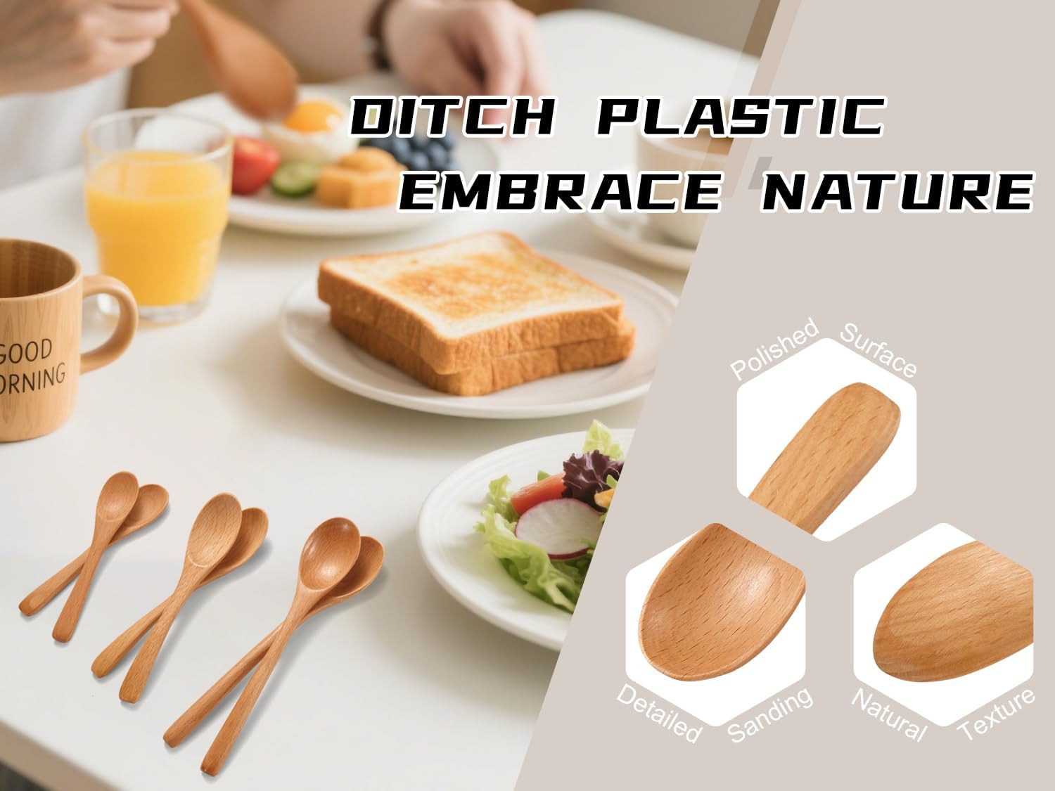 6 Piece Wooden Spoons Set - Premium Beech Wood Small Spoons in 3 Sizes (4.9", 5.9", 7.1") for Honey, Tea, Coffee, Multi-Purpose Mini Teaspoons Utensils for Ice Cream and Soup - Image 6