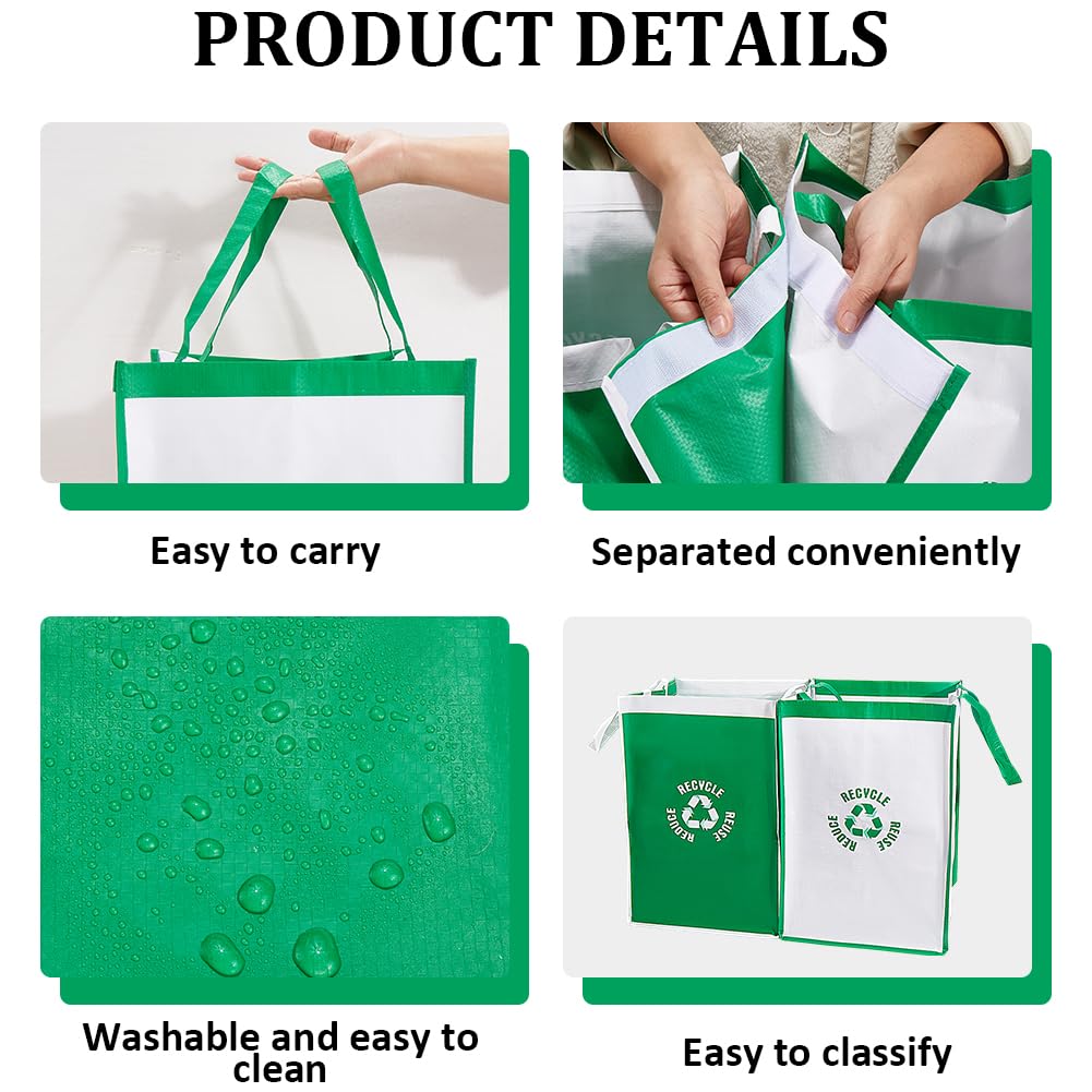 CREATCABIN 2Pcs Recycle Waste Bags Trash Recycling Bins Combo Polypropylene Waterproof Reusable Home Indoor Trash Sorting Organizer Baskets Compartment Container for Kitchen Green White 11.8x11.8x17in - Image 6