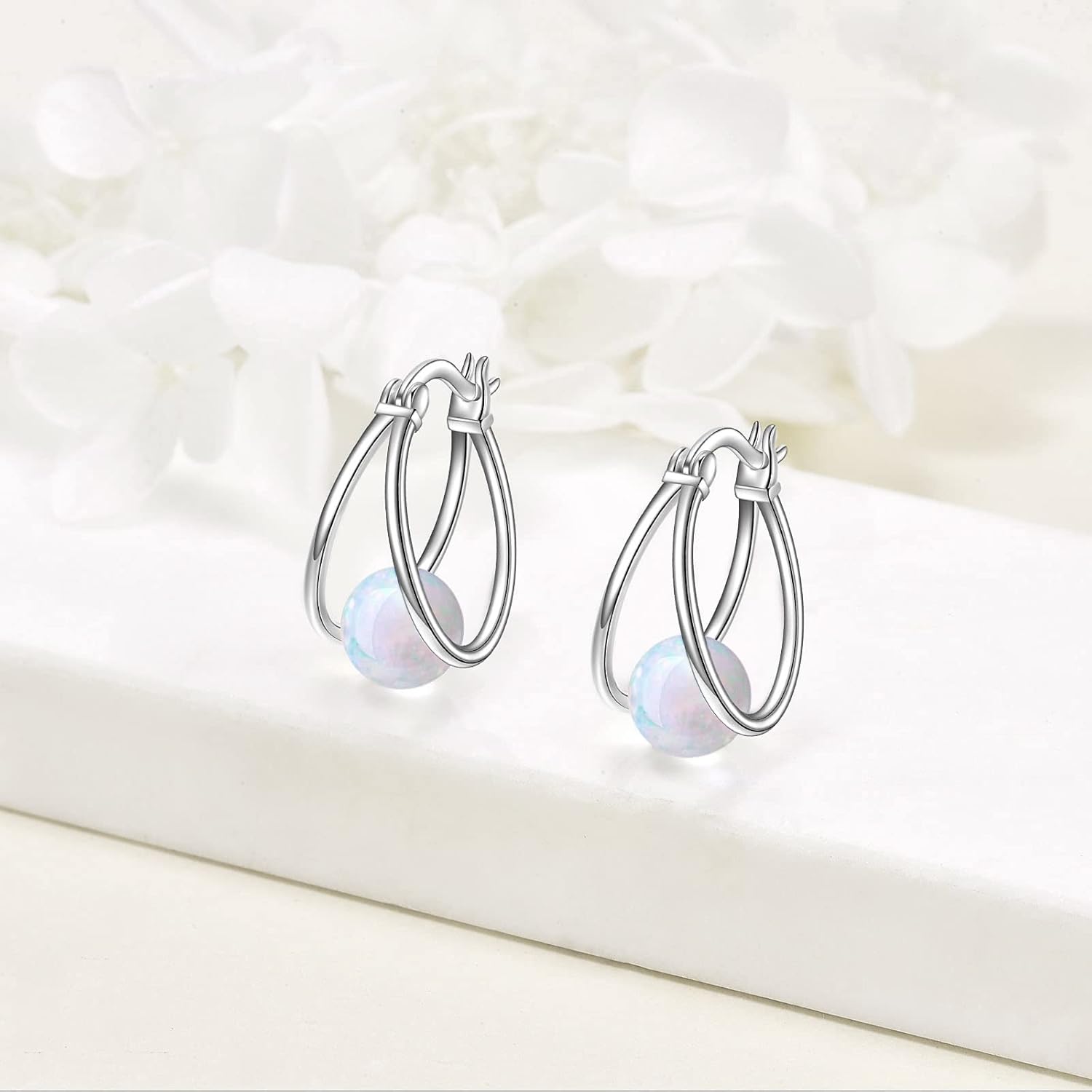 Gemstone Double Hoop Earrings for Women Sterling Silver Pearl Moonstone Turquoise Black Onyx Jade Opal Lapis Lazuli Earrings for Women - Image 6